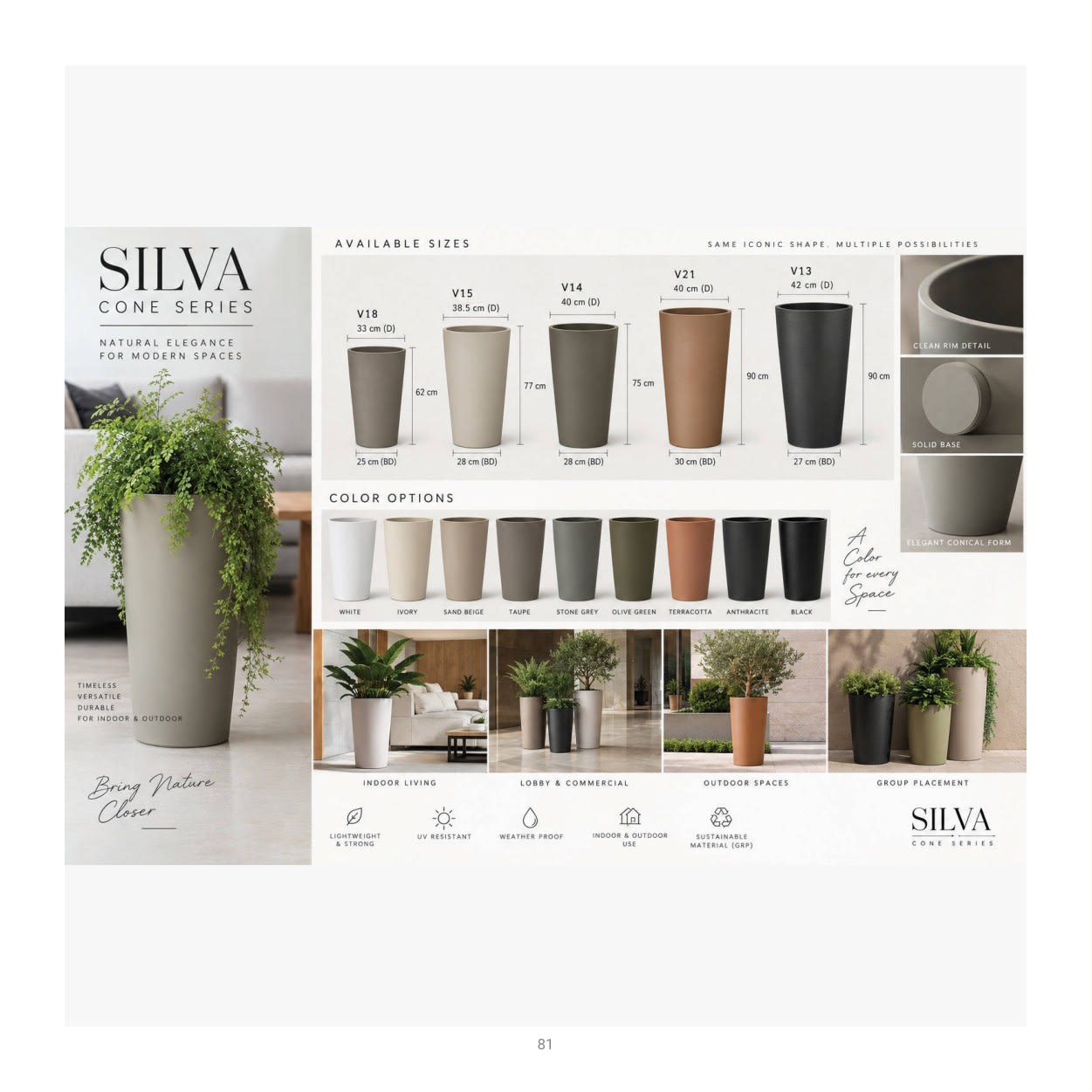 Forestry Silva Cone planter collection: product photographs and finish examples from the approved catalogue