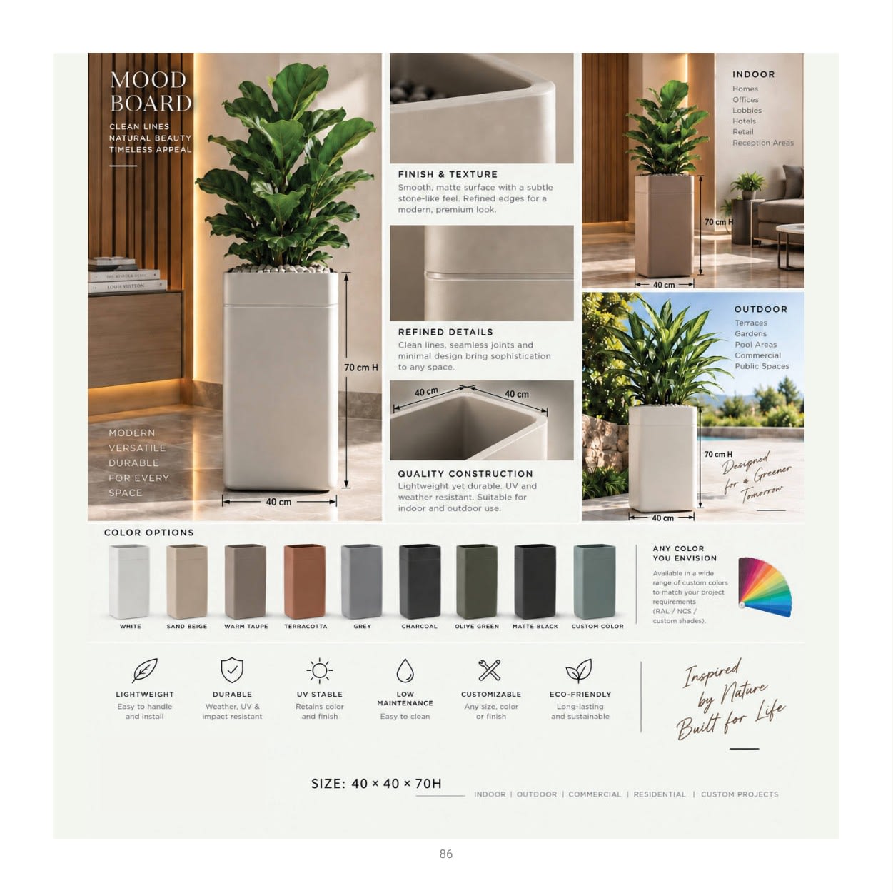 Forestry Square Brush planter collection: product photographs and finish examples from the approved catalogue