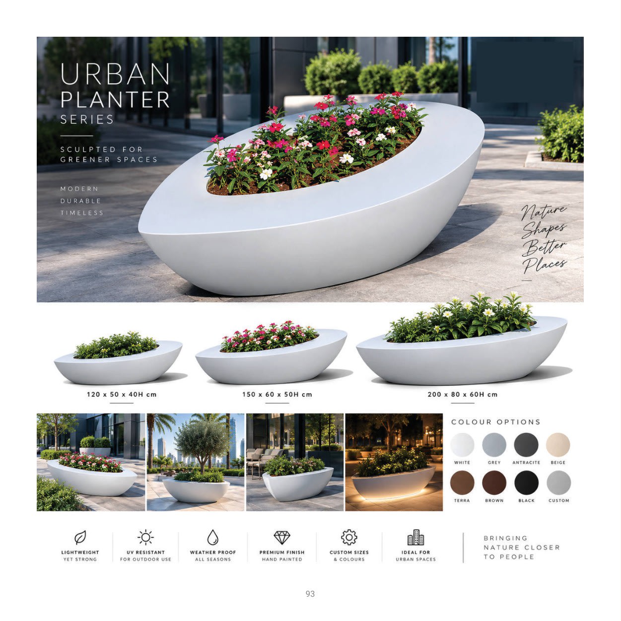 Forestry Urban Oval planter collection: product photographs and finish examples from the approved catalogue