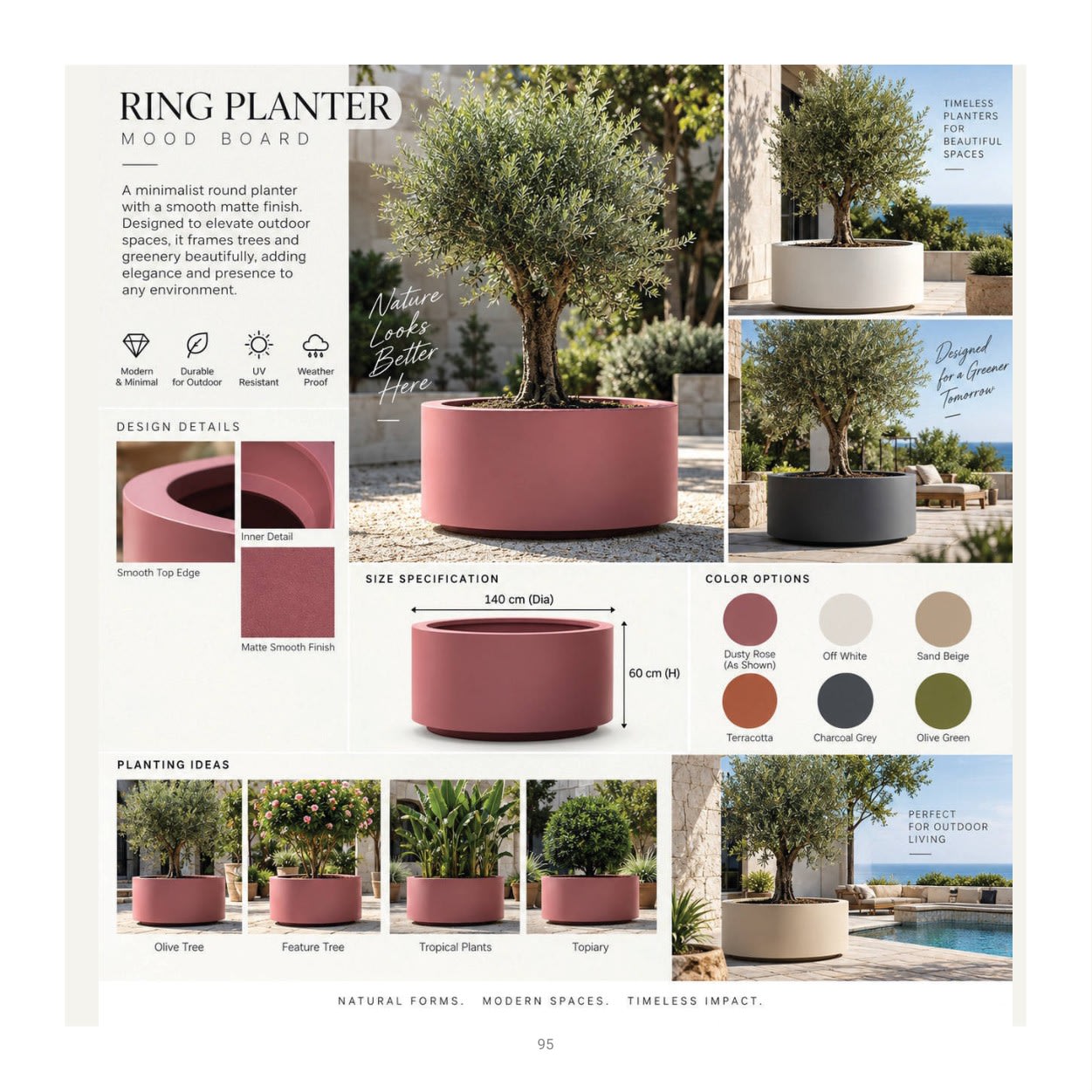Forestry Ring planter collection: product photographs and finish examples from the approved catalogue