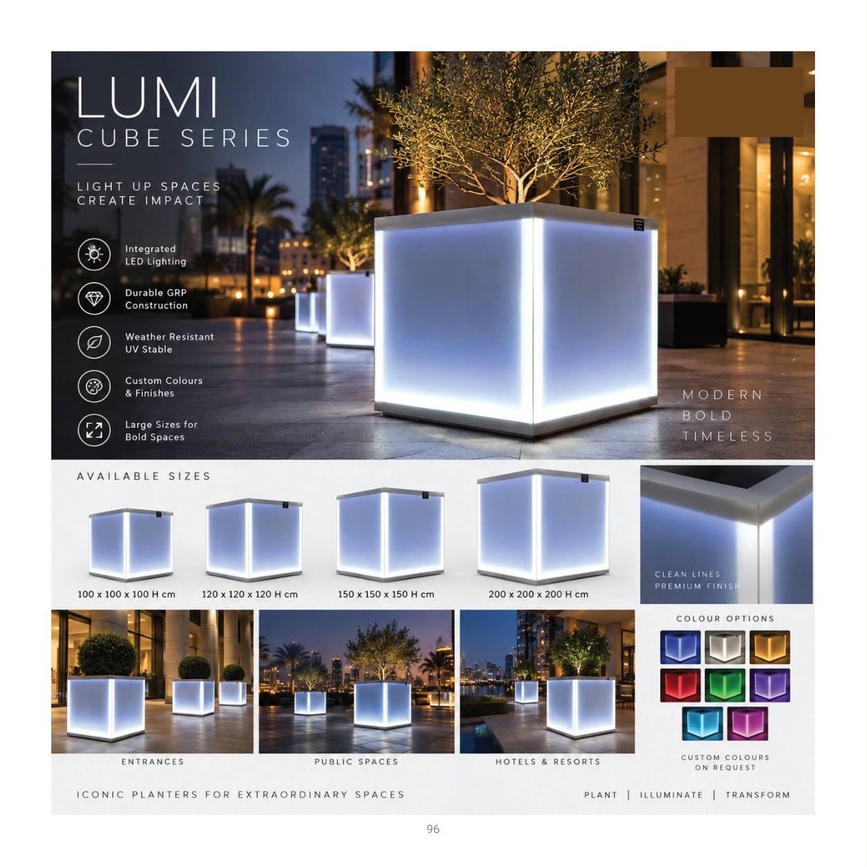 Forestry Lumi Cube LED planter collection: product photographs and finish examples from the approved catalogue