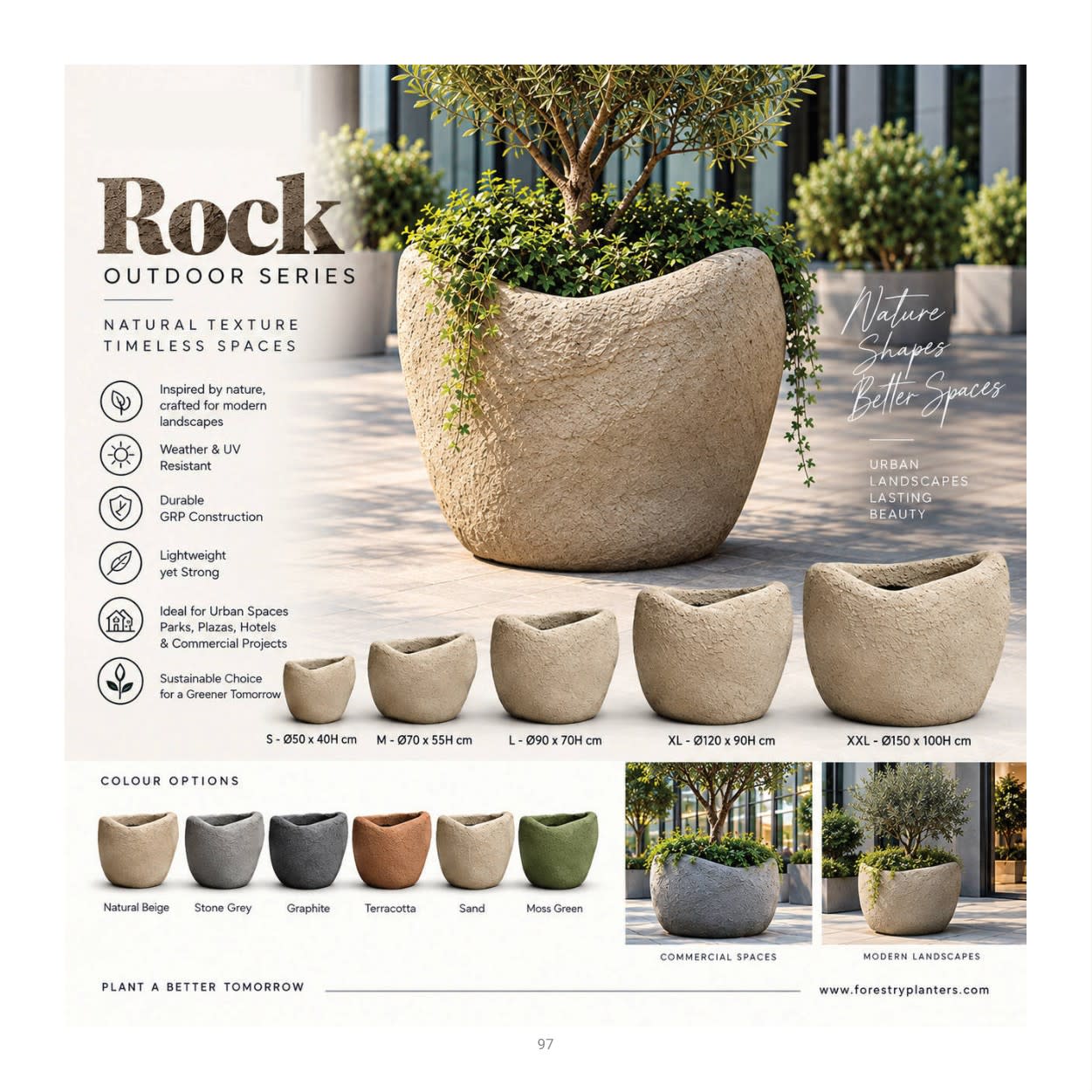 Forestry Rock Outdoor Sculptural planter collection: product photographs and finish examples from the approved catalogue