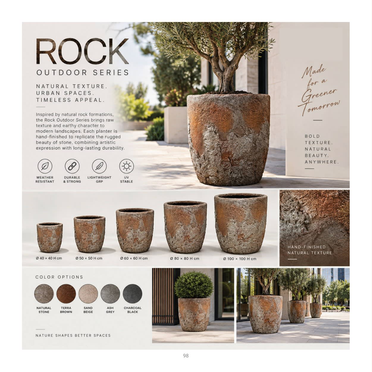 Forestry Rock Outdoor Tapered planter collection: product photographs and finish examples from the approved catalogue