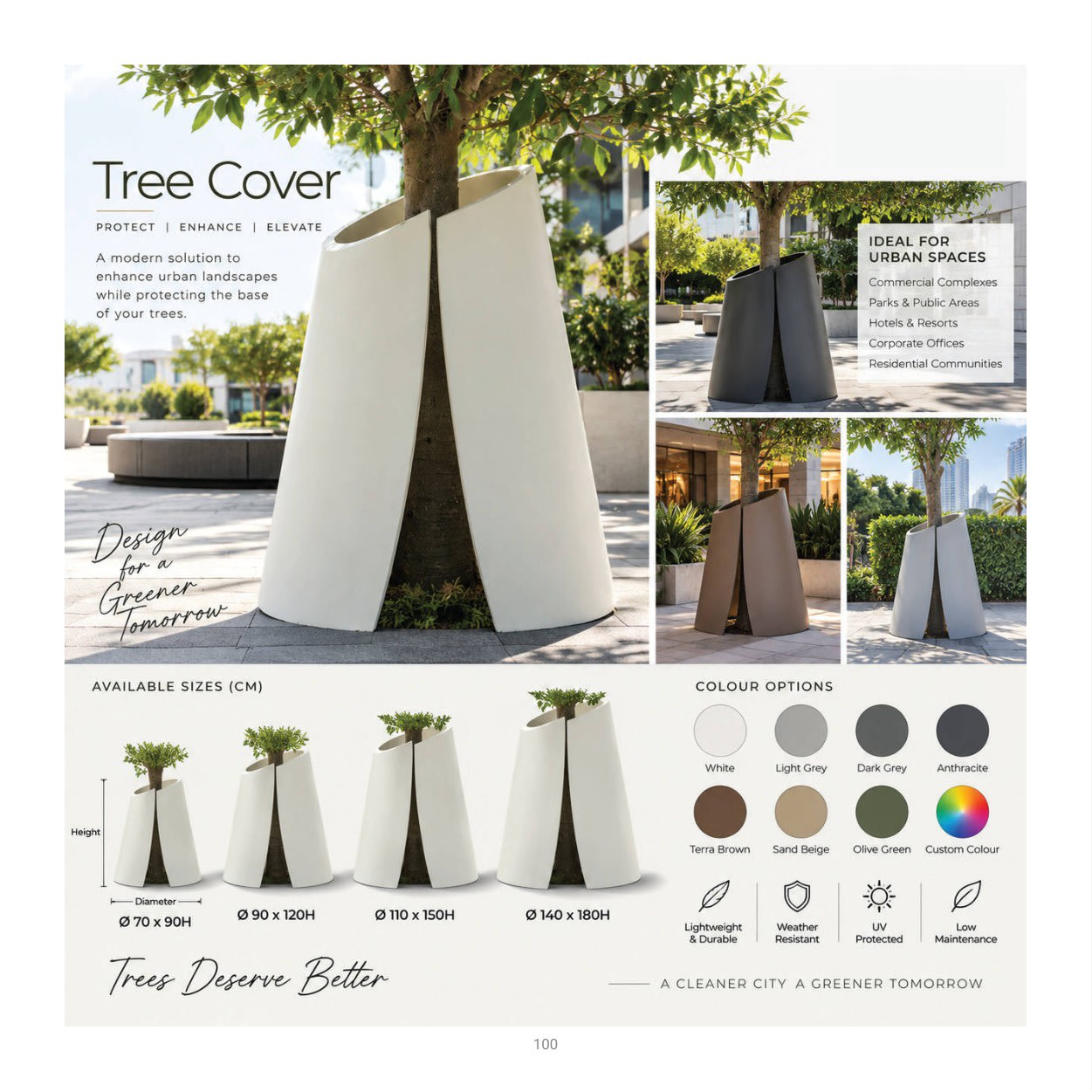 Forestry Tree Cover planter collection: product photographs and finish examples from the approved catalogue
