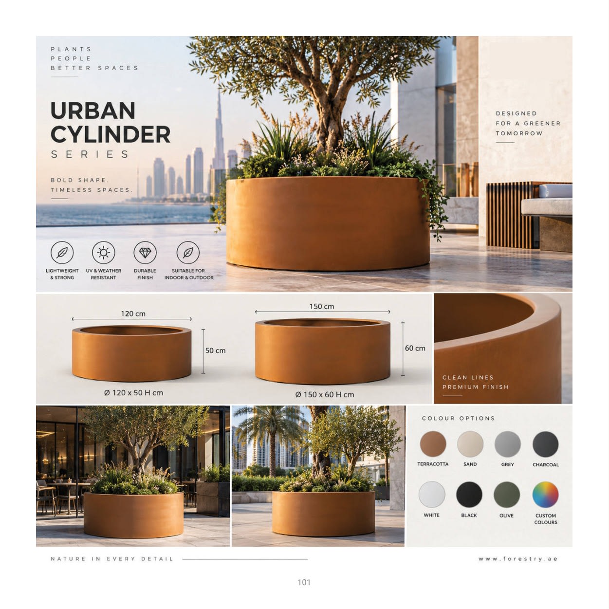 Forestry Urban Cylinder planter collection: product photographs and finish examples from the approved catalogue