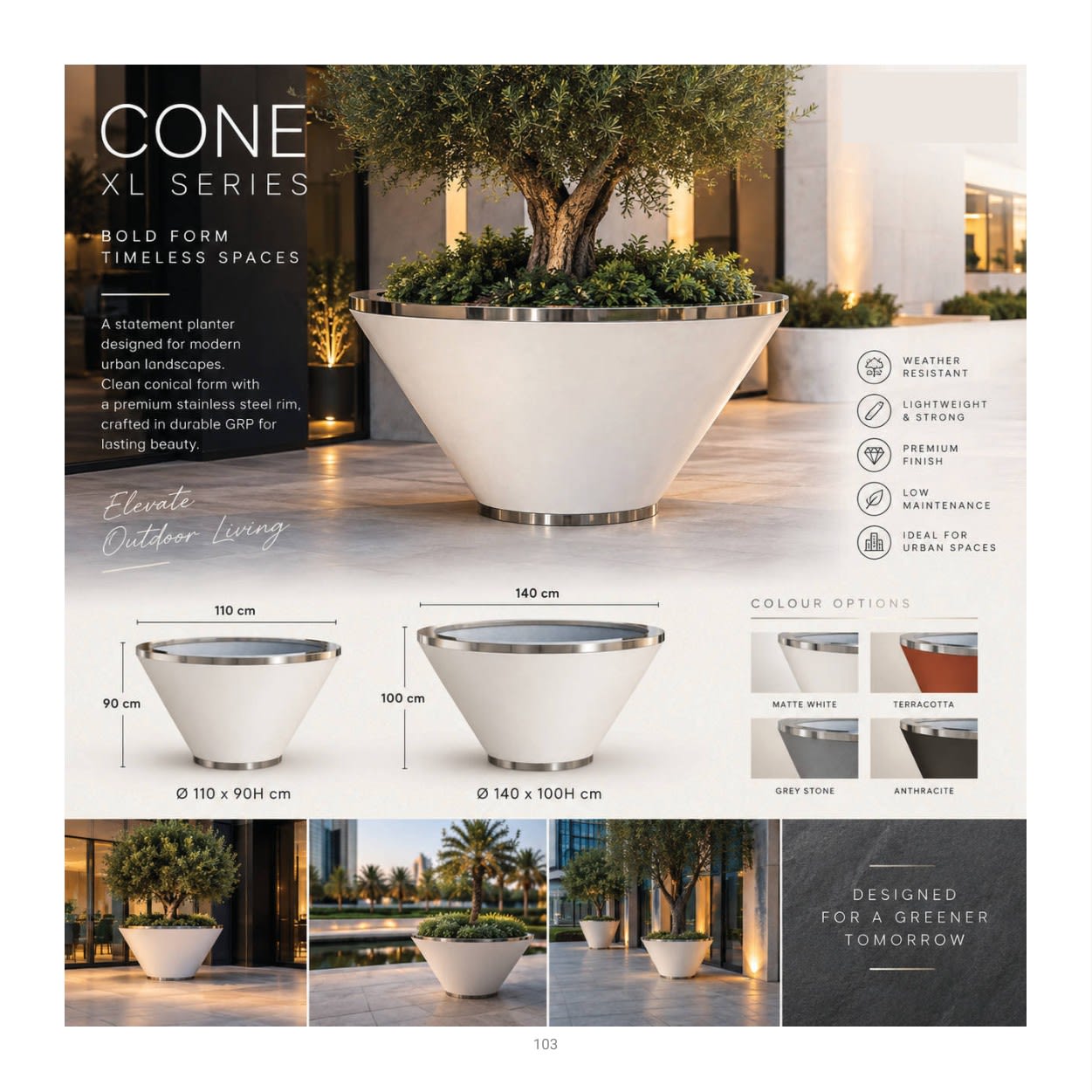 Forestry Cone XL planter collection: product photographs and finish examples from the approved catalogue
