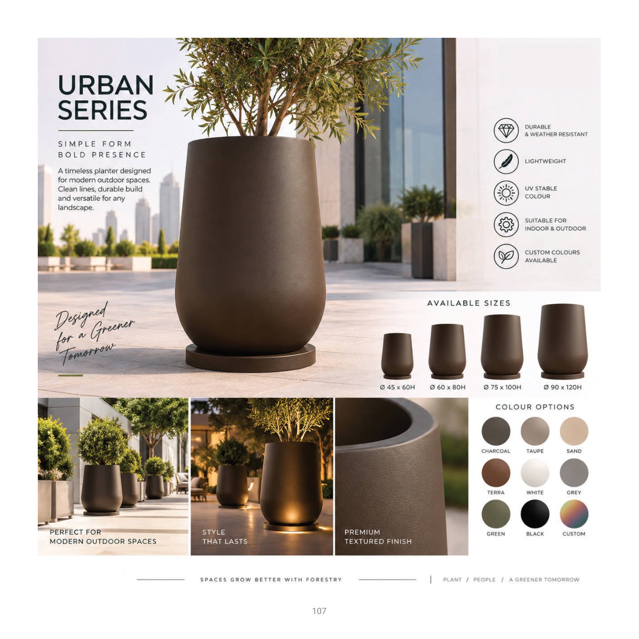 Forestry Urban Round planter collection: product photographs and finish examples from the approved catalogue