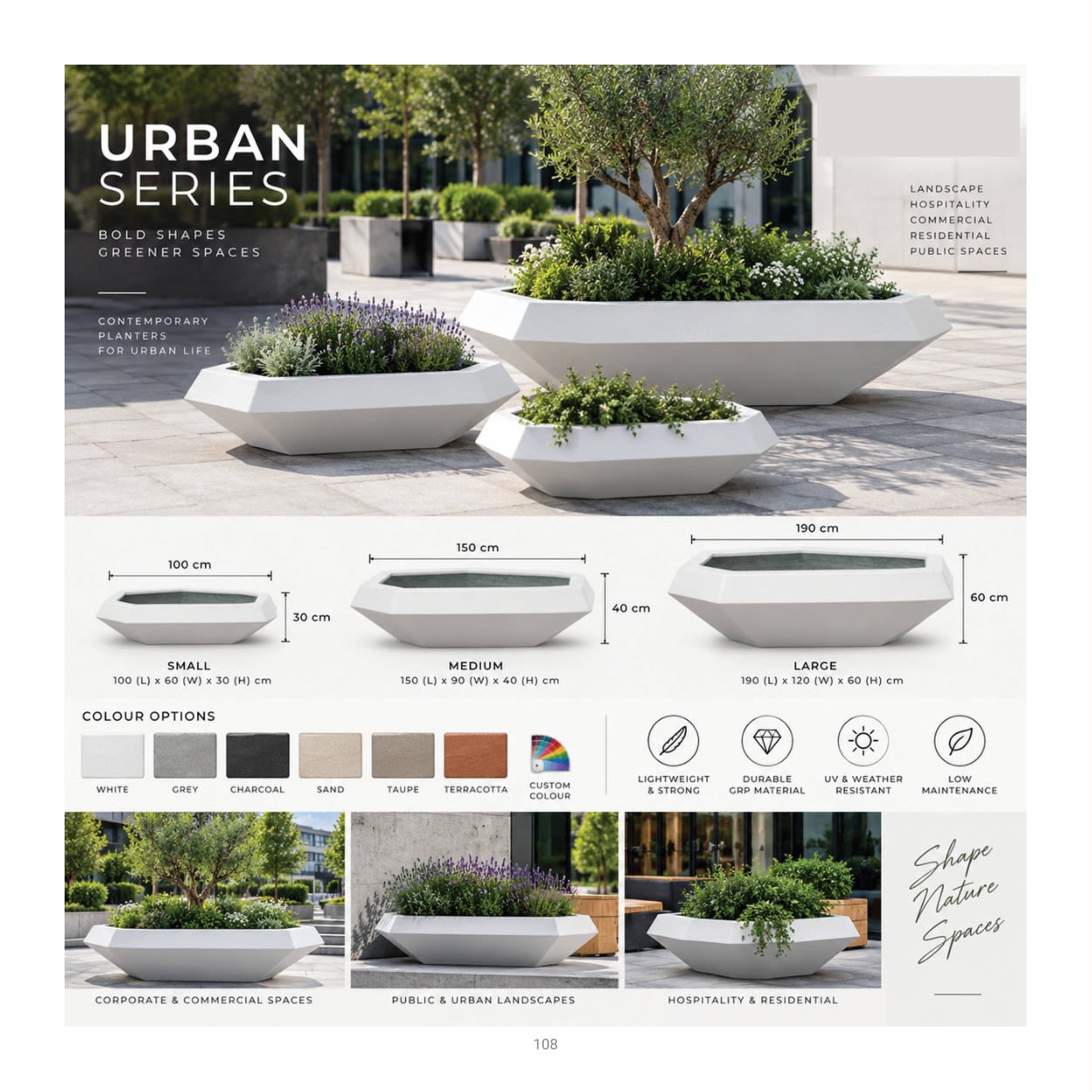 Forestry Urban Low planter collection: product photographs and finish examples from the approved catalogue