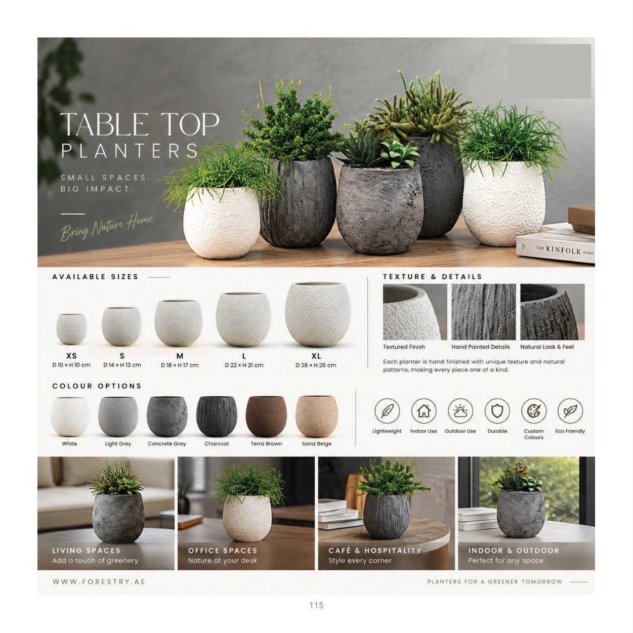 Forestry Tabletop Textured planter collection: product photographs and finish examples from the approved catalogue