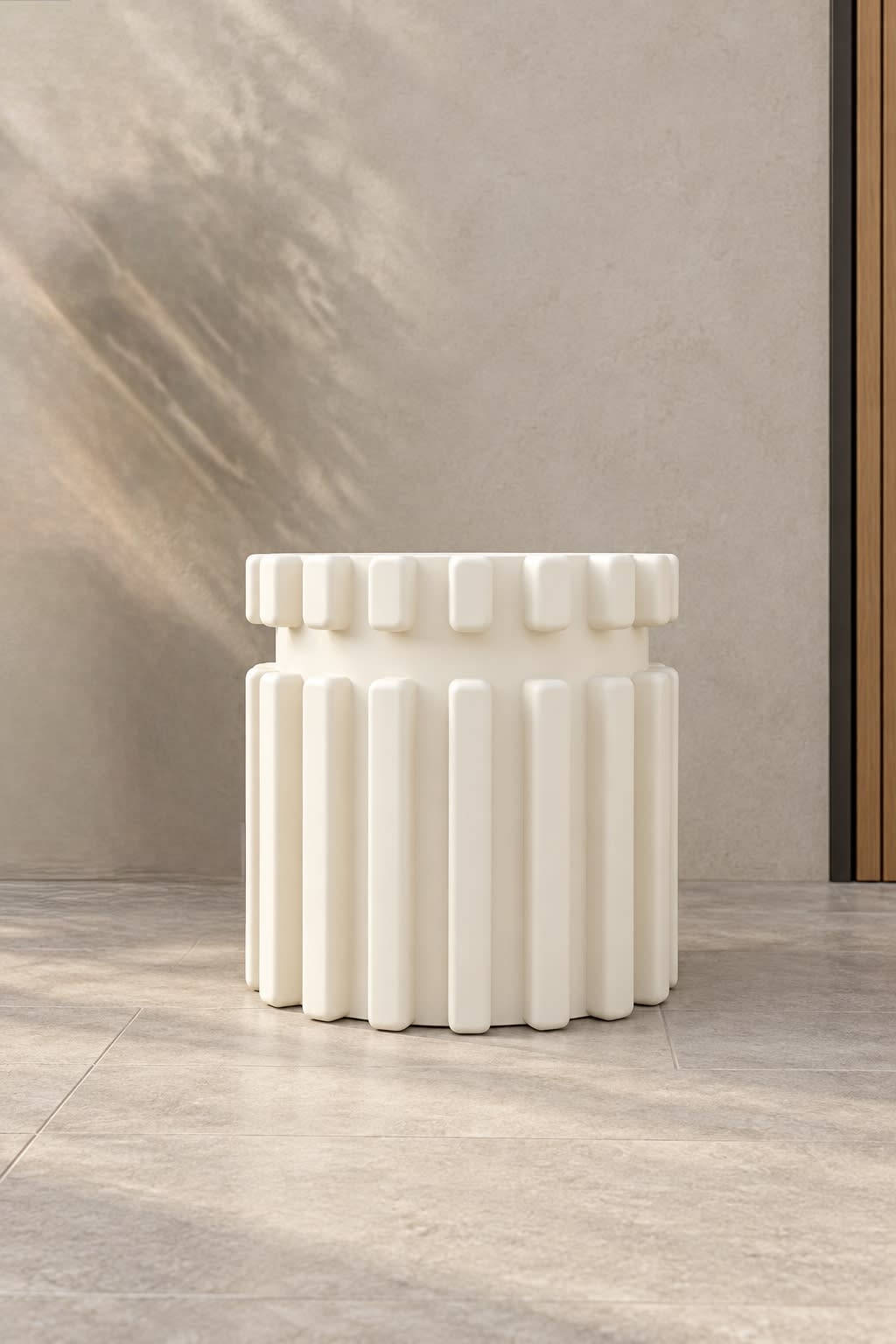 Forestry Sculpted Series ivory planter with raised vertical ribs and a sculpted rim, standalone view
