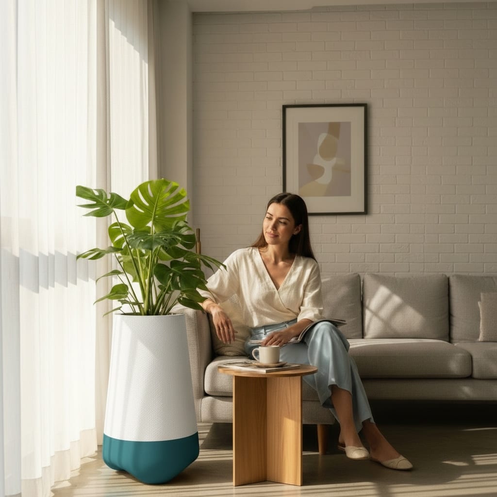 Forestry Pearl planter with a white textured body and teal sculpted base in an indoor living room
