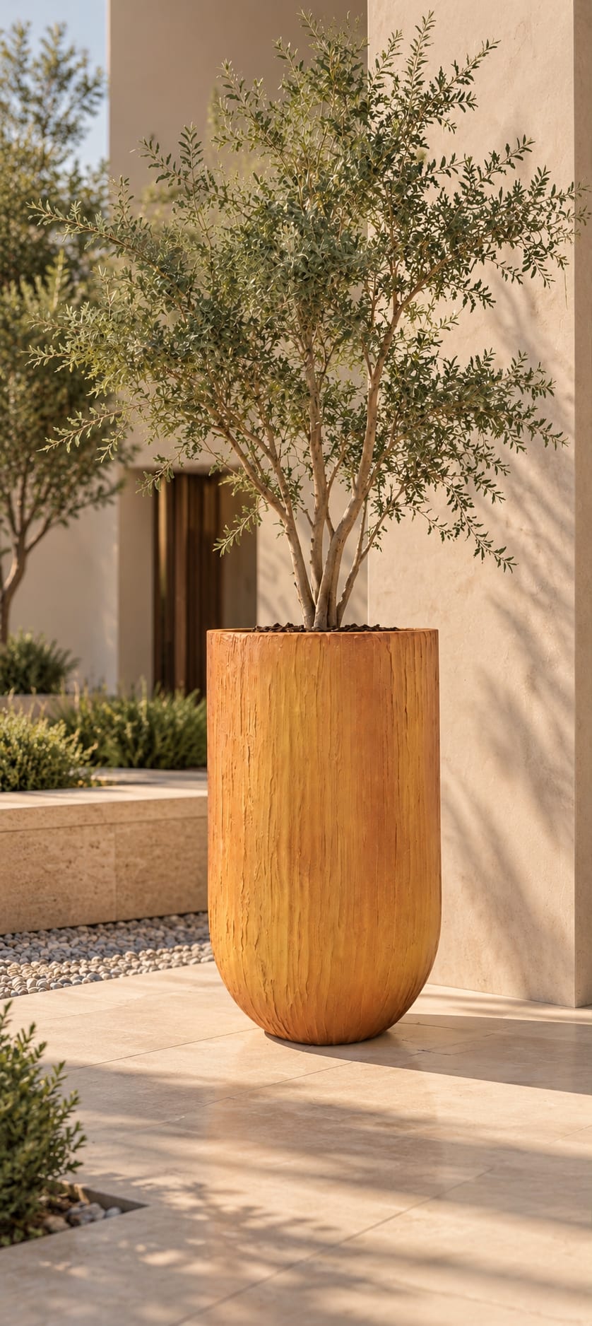 Forestry Flow planter with a golden woodgrain finish and an olive tree on a sunlit terrace