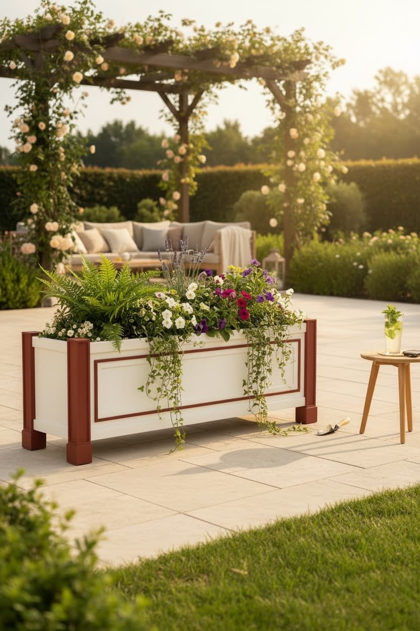 Forestry Classic Rectangular white planter with red-brown trim and flowers in a sunlit garden