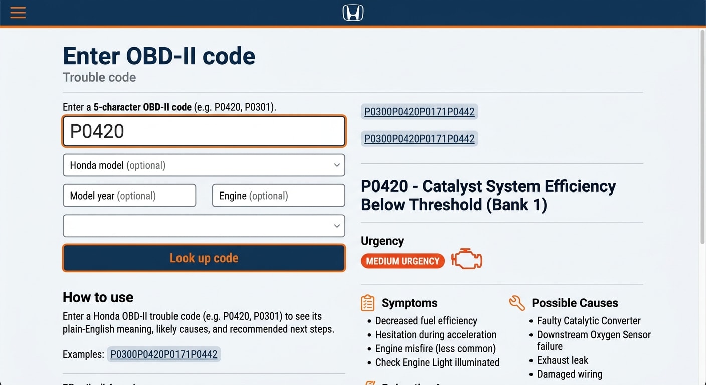 Honda Check Engine Code Lookup