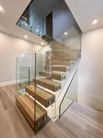 Floating · dark oak, glass — staircase or glass install by CAworks