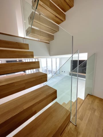 Glass stringer · oak treads — staircase or glass install by CAworks