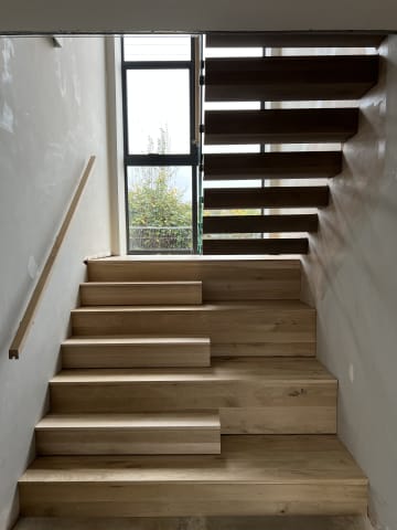 Floating · oak, timber rail — staircase or glass install by CAworks