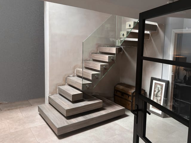Floating · stone treads, pyramid base — staircase or glass install by CAworks
