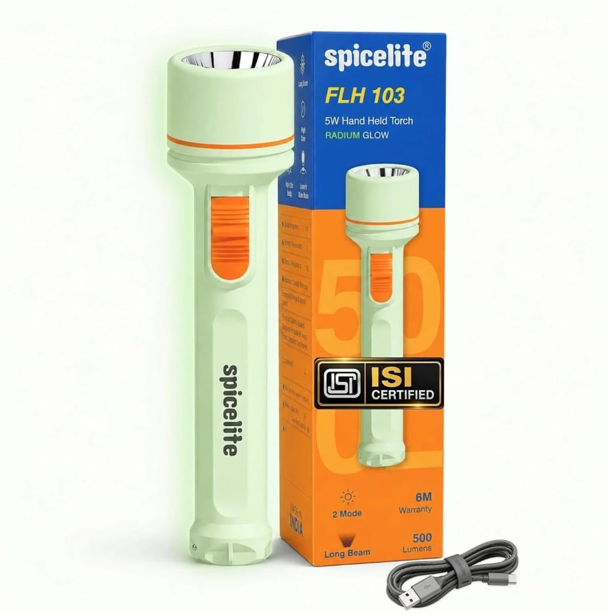 SPICELITE FLH103 | 2 Light Modes | 500 Lumens | Radium Glow Body | IP 20 Rated Torch (White, 22 cm, Rechargeable)