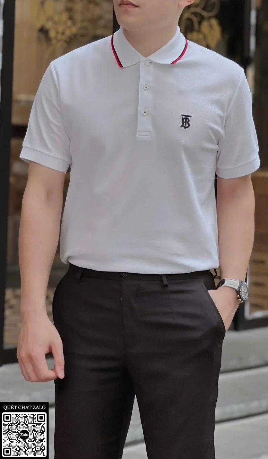 Áo polo nam màu trắng BBR cổ viền Burberry mã 5 xịn hoàn thiện tốt