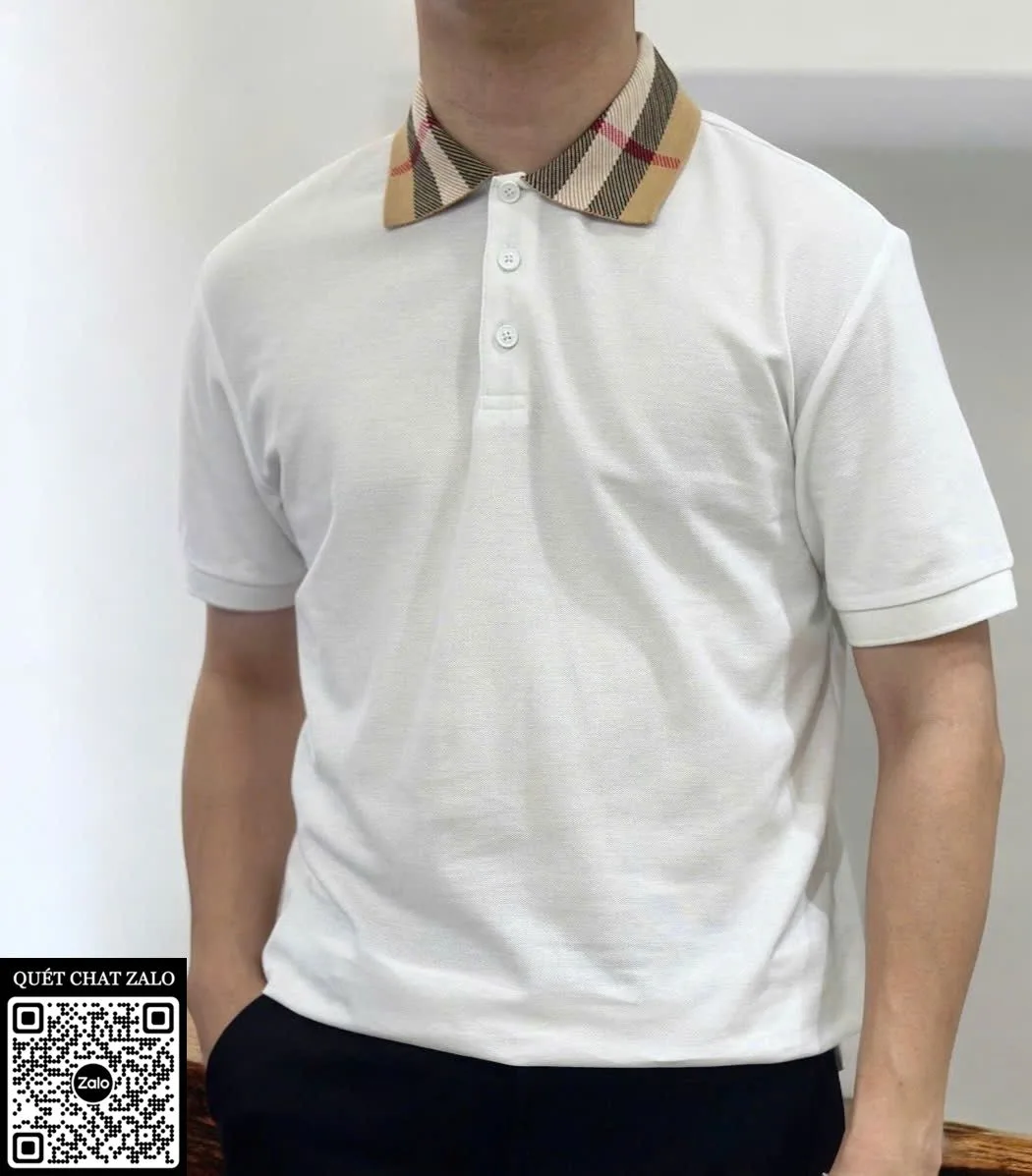 Áo polo nam màu trắng BBR cổ viền mã 6 Burberry thượng hạng tỉ mỉ