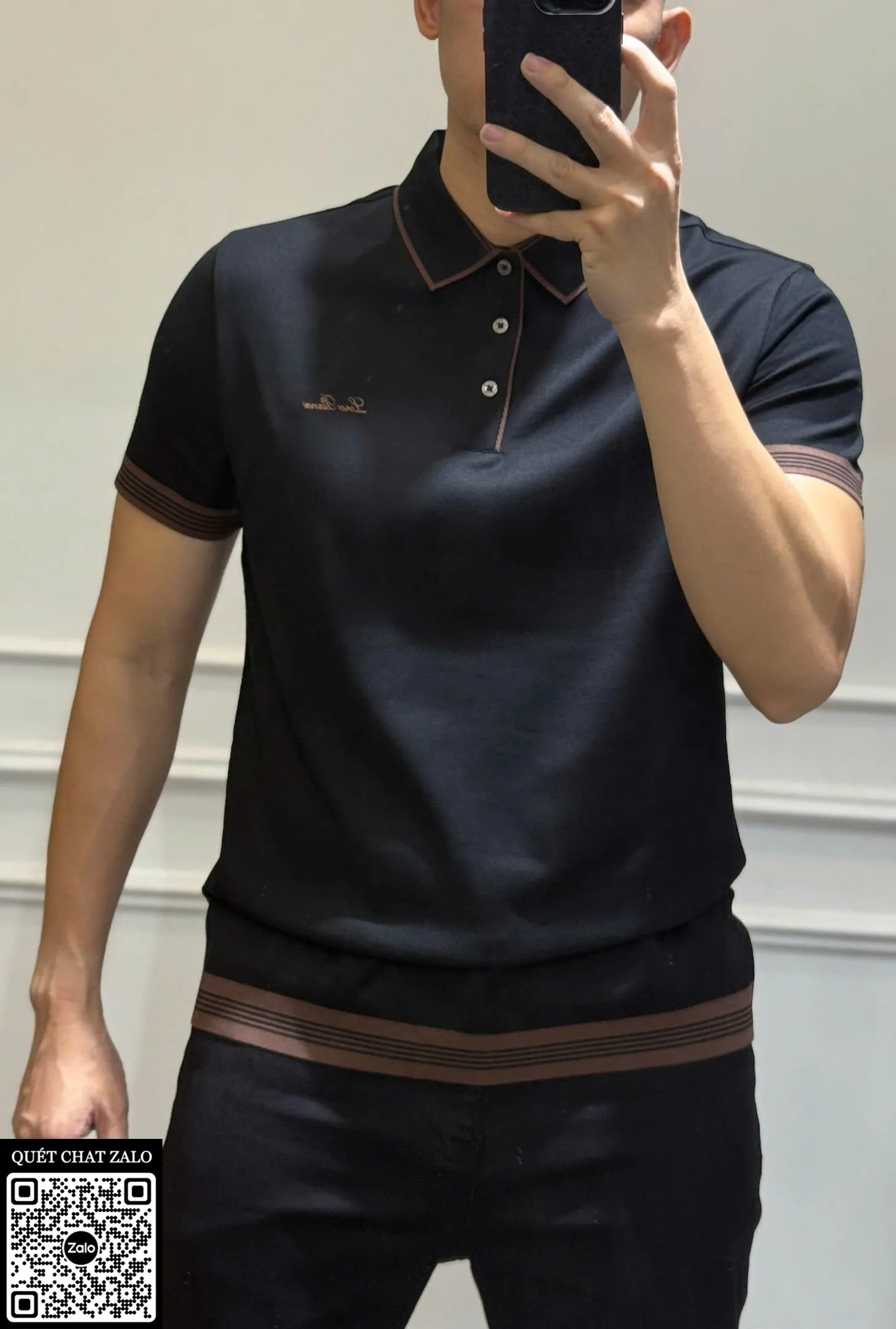 Áo polo nam màu đen Loro Piana mã 1 sang trọng hoàn thiện tốt