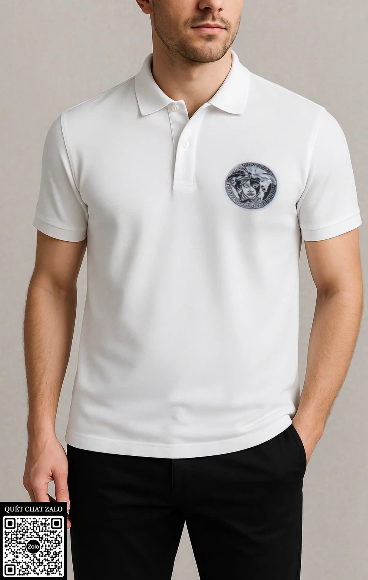 Áo polo nam Versace màu trắng mã 4 chuẩn dáng Like Authentic