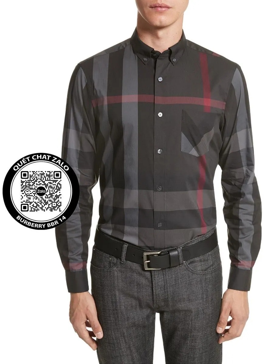 Áo sơ mi nam màu đen BBR tay dài kẻ sọc caro Burberry mã 14 thượng