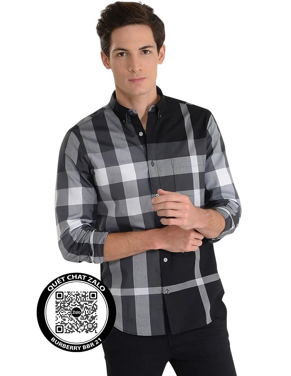 Áo sơ mi nam màu đen Burberry tay dài kẻ sọc caro mã 21 cao cấp Áo sơ mi nam màu đen Burberry tay dài kẻ sọc caro mã 21 cao cấp