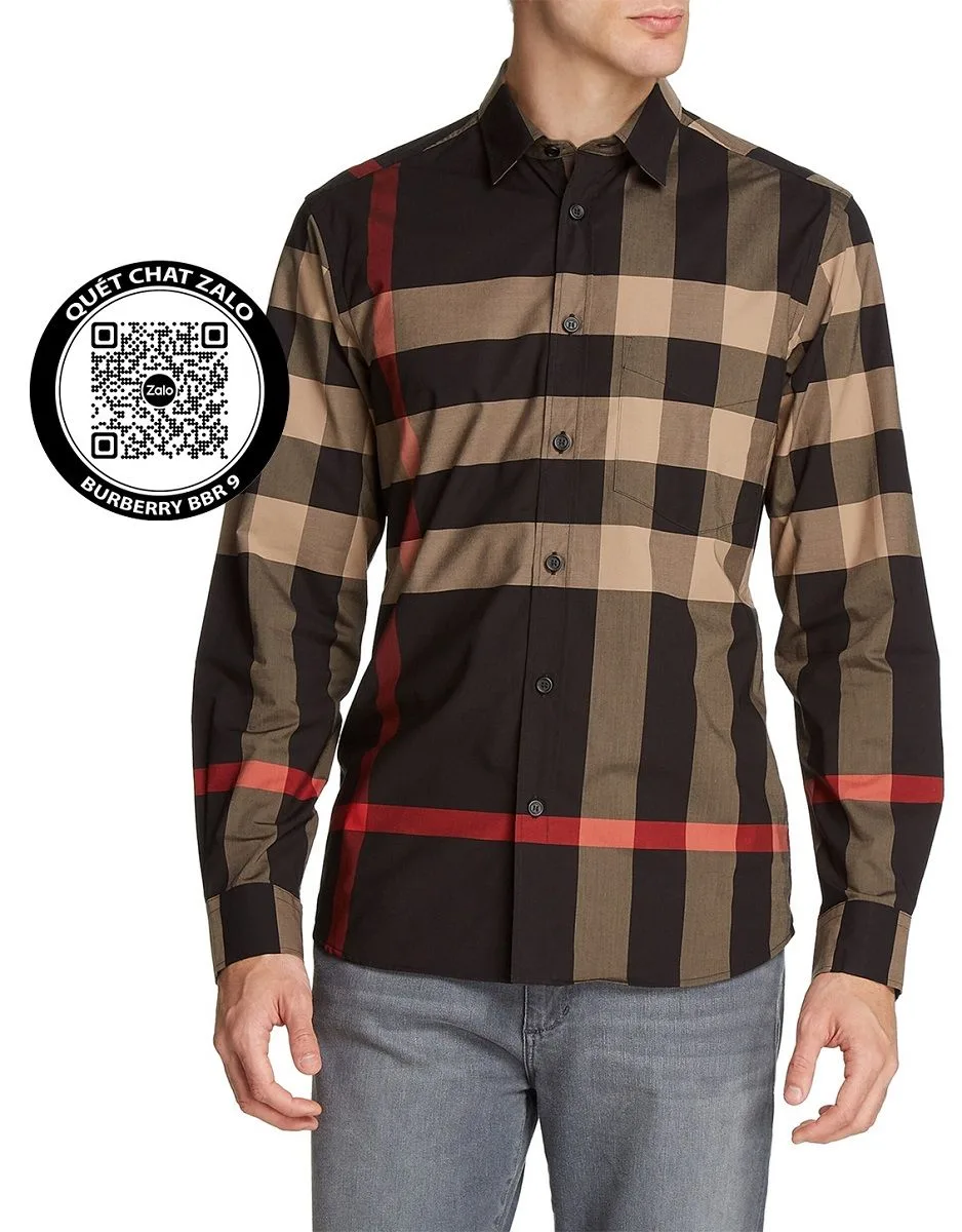 Áo sơ mi nam màu đen Burberry tay dài kẻ sọc caro mã 9 gọn đẹp