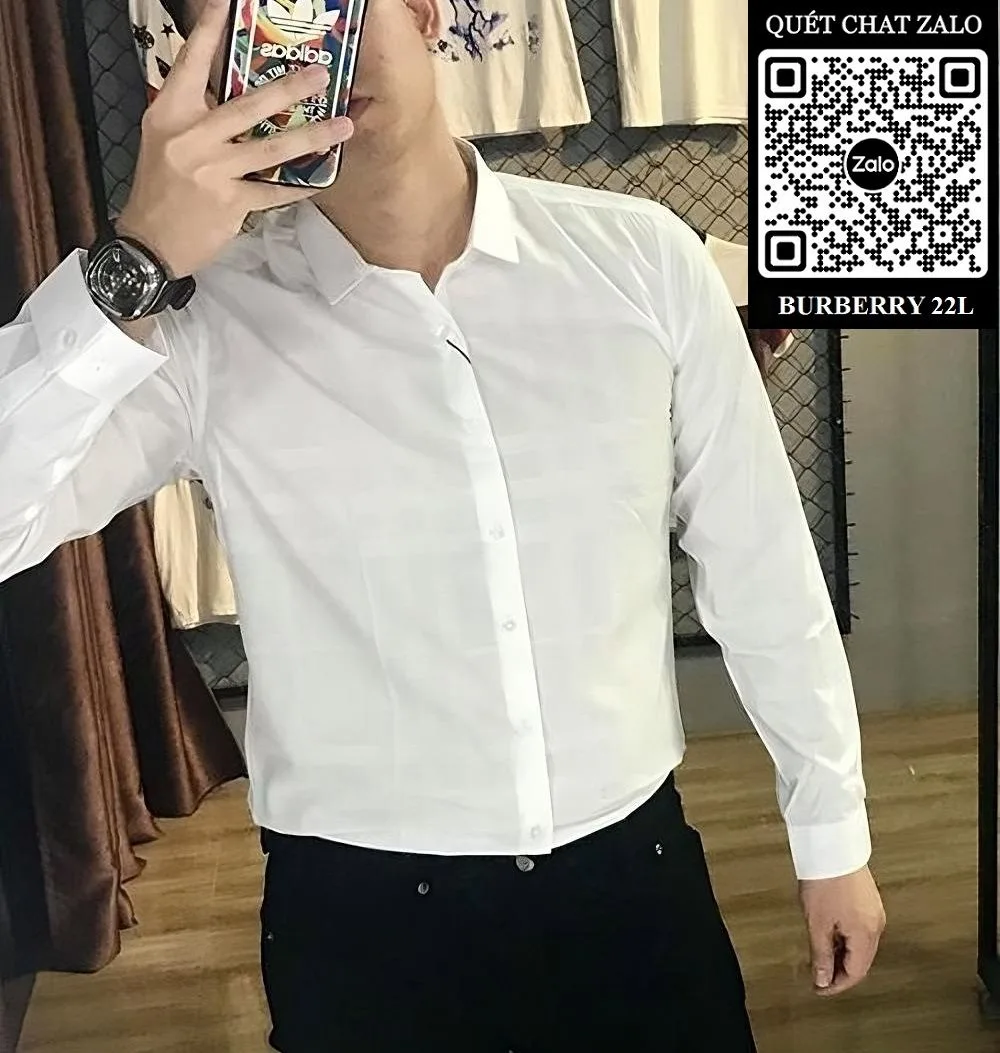 Sơ mi trắng Burberry nam tay dài kẻ caro BBR mã 22l điển trai