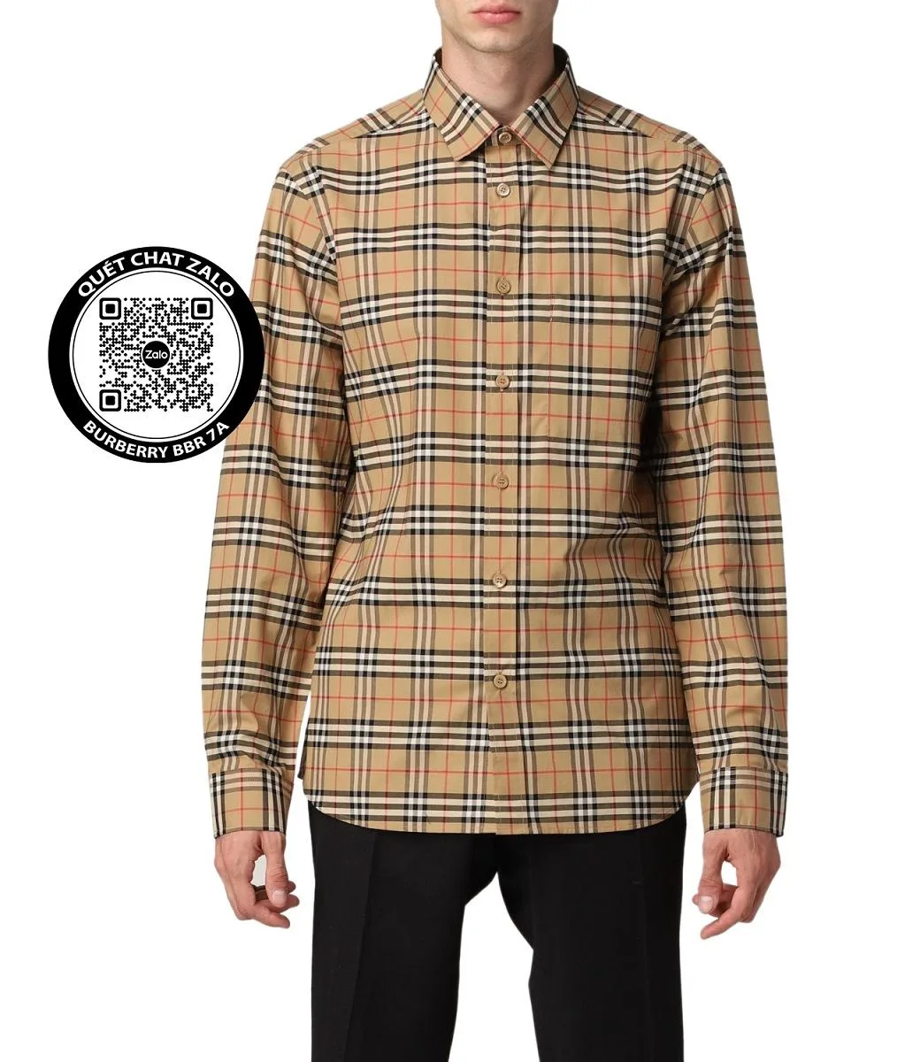 Áo Burberry nam dài tay sơ mi vàng kẻ sọc caro BBR mã 7a xịn mịn