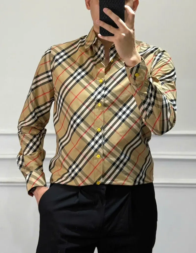 Áo sơ mi Burberry nam dài tay màu vàng kẻ sọc caro mã 2b phong độ
