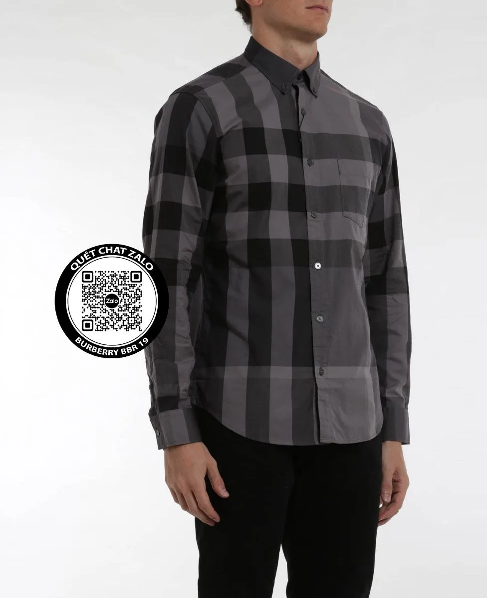 Áo dài tay Burberry sơ mi kẻ caro ghi xám nam mã 19 đánh giá tốt