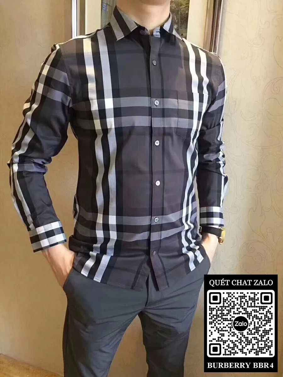 Áo Burberry nam dài tay sơ mi BBR màu ghi kẻ caro mã 4 vừa mắt