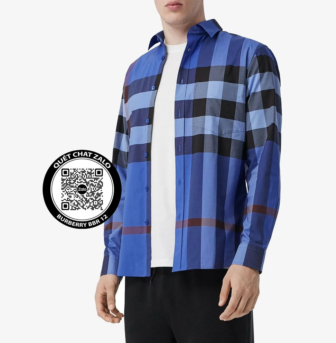 Áo sơ mi Burberry nam màu xanh tay dài kẻ sọc caro mã 12 thượng lưu