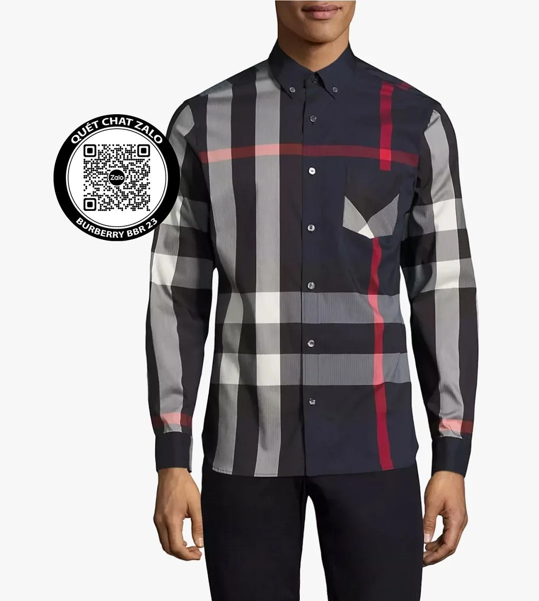Áo sơ mi nam Burberry màu xanh tay dài kẻ sọc caro mã 23 tỉ mỉ