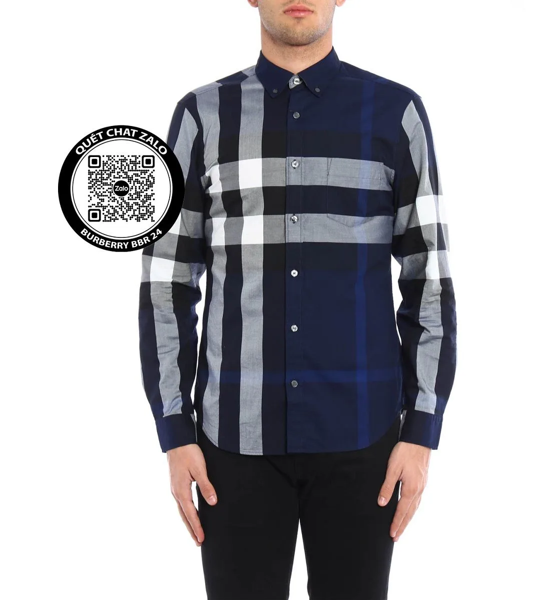 Áo sơ mi nam màu xanh Burberry tay dài kẻ sọc caro mã 24 vừa vặn