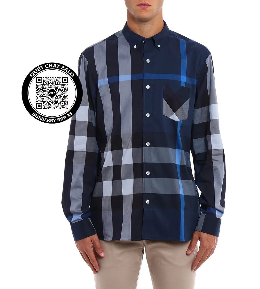 Áo sơ mi nam màu xanh BBR tay dài kẻ sọc caro mã 33 Burberry tinh tế