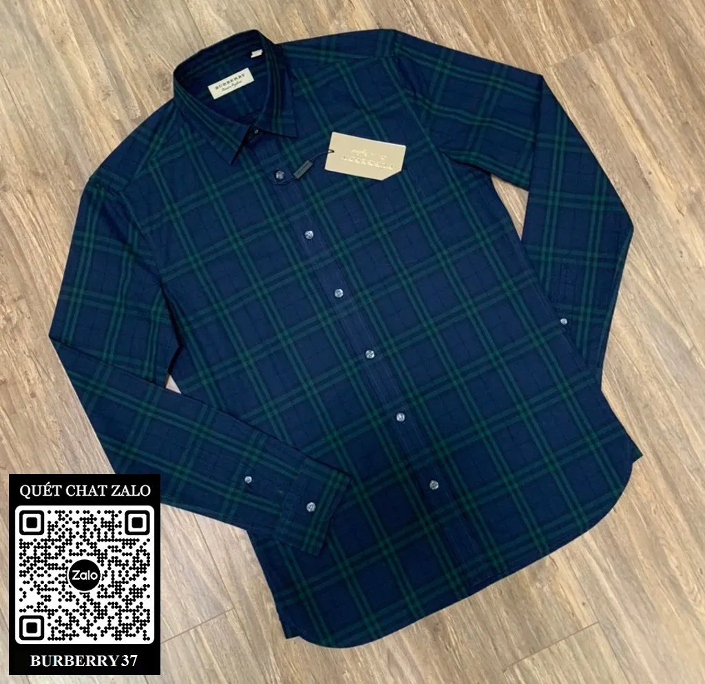 Áo sơ mi nam Burberry màu xanh tay dài kẻ sọc caro mã 37 xịn BBR