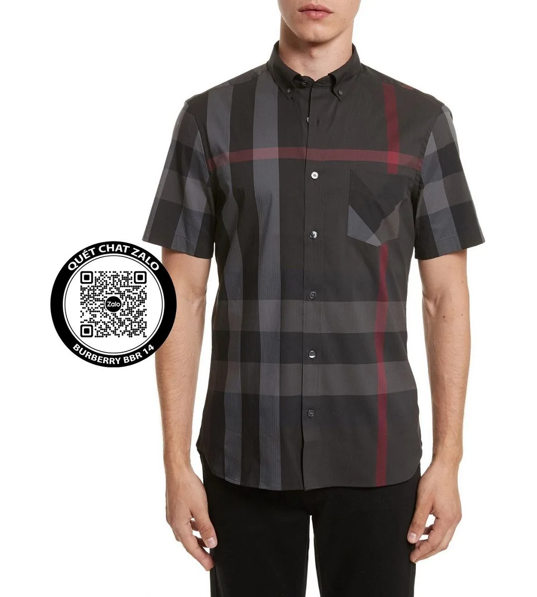 Áo sơ mi nam kẻ caro Burberry đen tay ngắn mã 14 chất lượng vượt trội