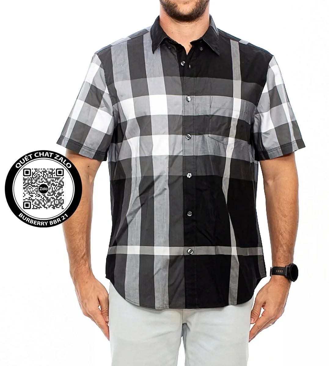 Áo sơ mi nam Burberry đen kẻ caro tay ngắn độc đáo mã 21 siêu phẩm