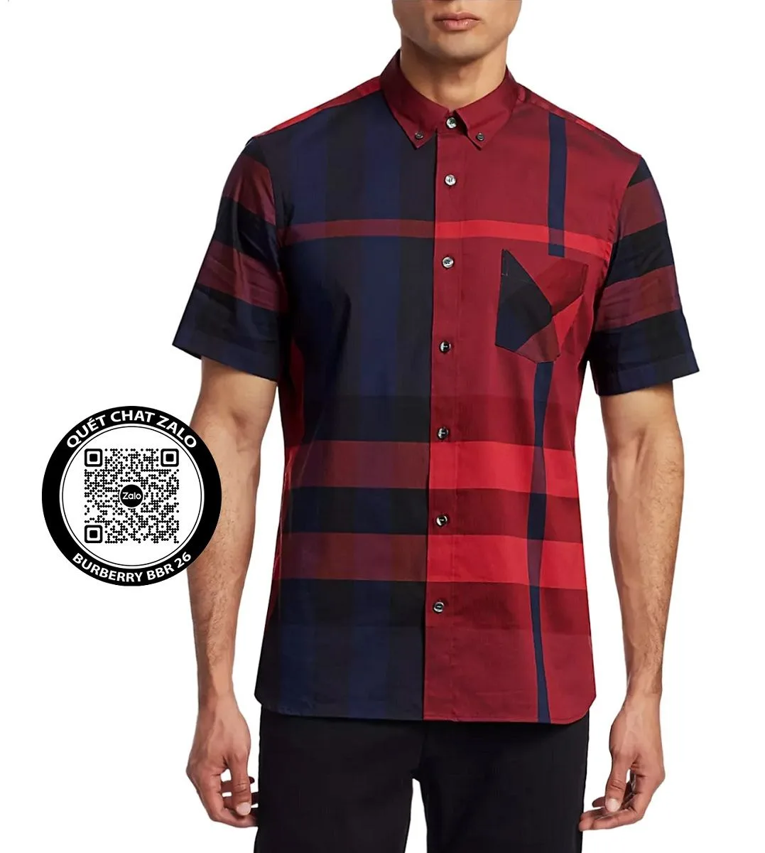 Áo kẻ Burberry nam sơ mi đỏ kẻ sọc caro tay ngắn mã 26 BBR đỉnh cao