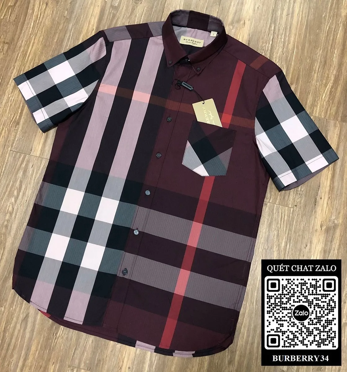 Áo sơ mi nam màu đỏ Burberry tay ngắn kẻ sọc caro mã 34 BBR điển trai