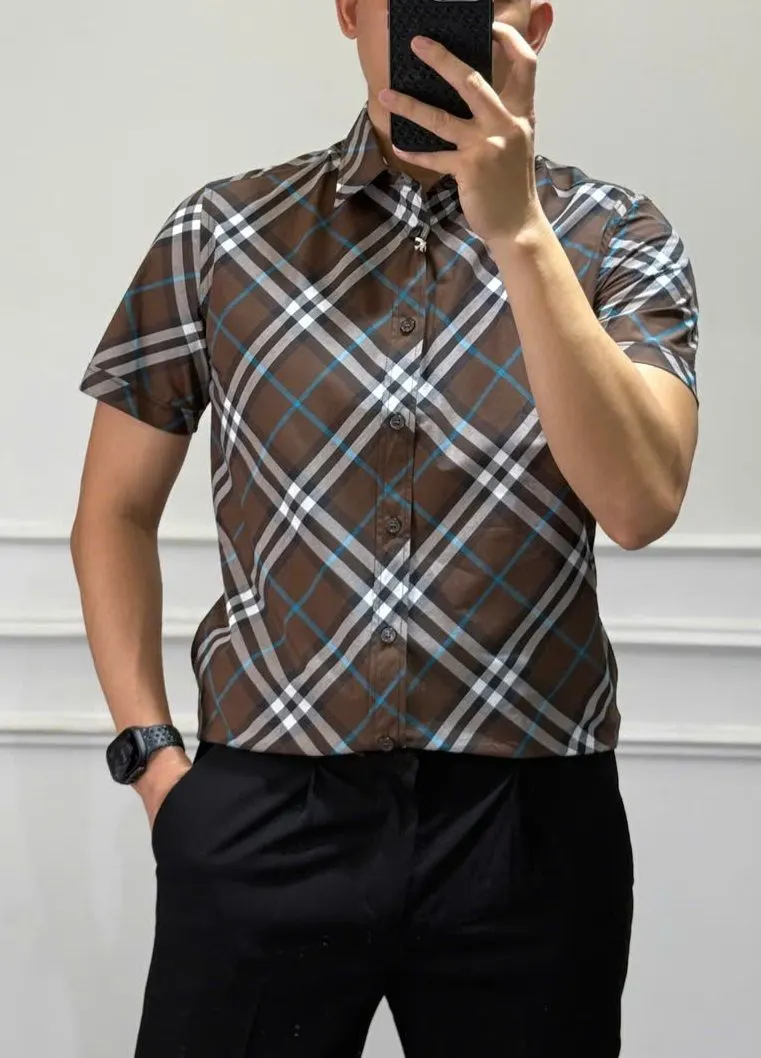 Áo sơ mi kẻ BBR nâu caro tay ngắn nam mã 1b chuẩn style thanh lịch