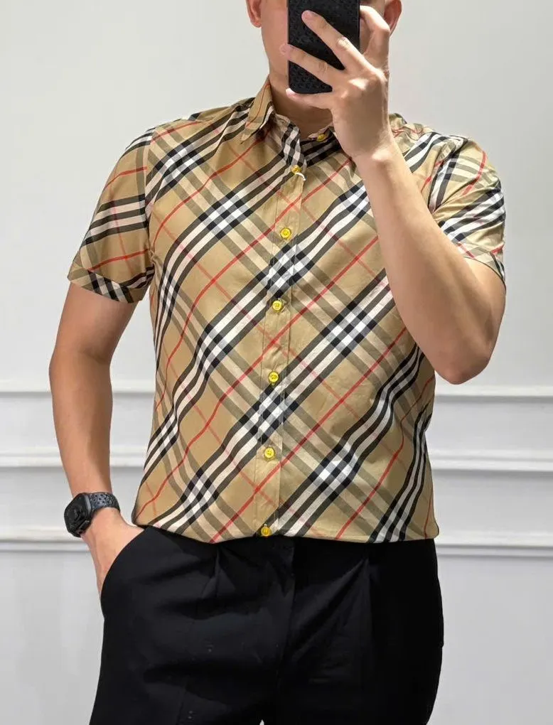 Sơ mi cộc tay Burberry màu vàng kẻ sọc caro nam mã 5 tuyệt hảo mê mẩn