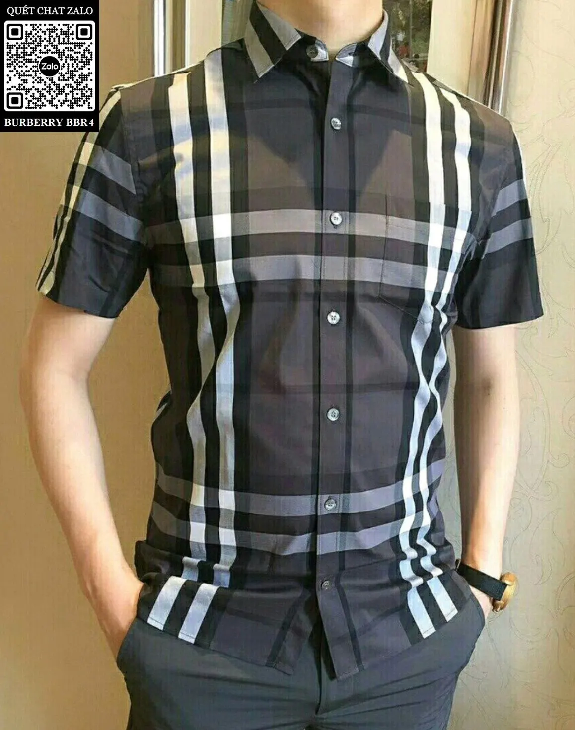 Áo sơ mi Burberry cộc tay nam màu xám kẻ caro trẻ trung mã 4 Áo sơ mi Burberry cộc tay nam màu xám kẻ caro trẻ trung mã 4
