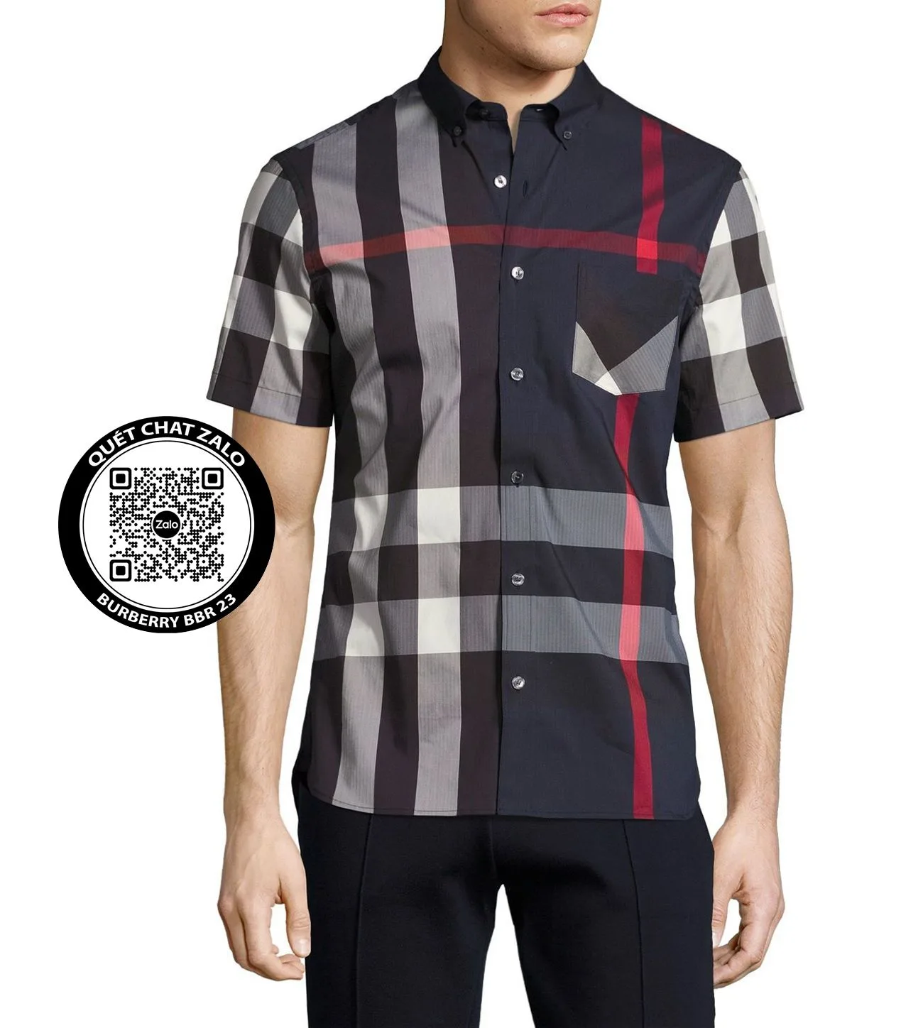 Áo sơ mi sọc Burberry nam xanh kẻ caro tay ngắn mã 23 BBR lịch lãm