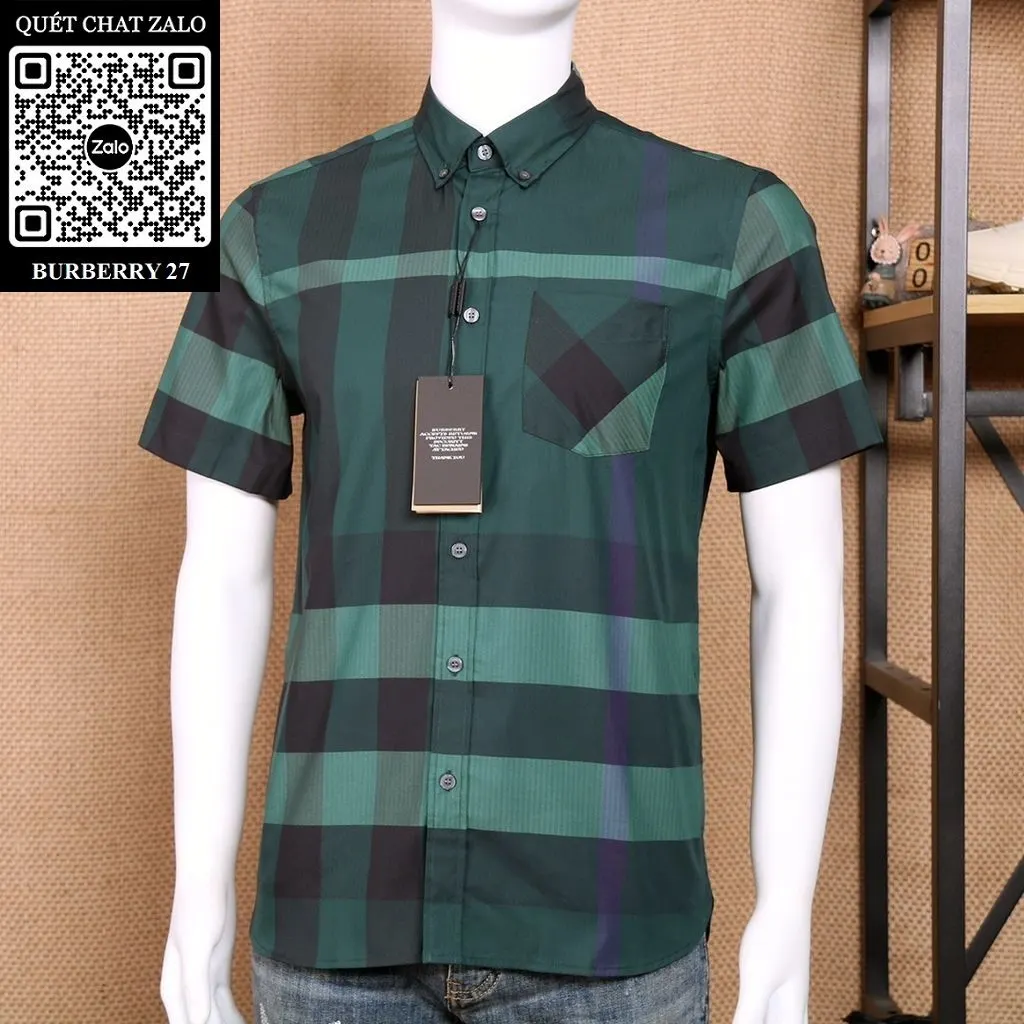 Sơ mi BBR ngắn tay Burberry xanh kẻ sọc caro nam mã 27 tinh tế