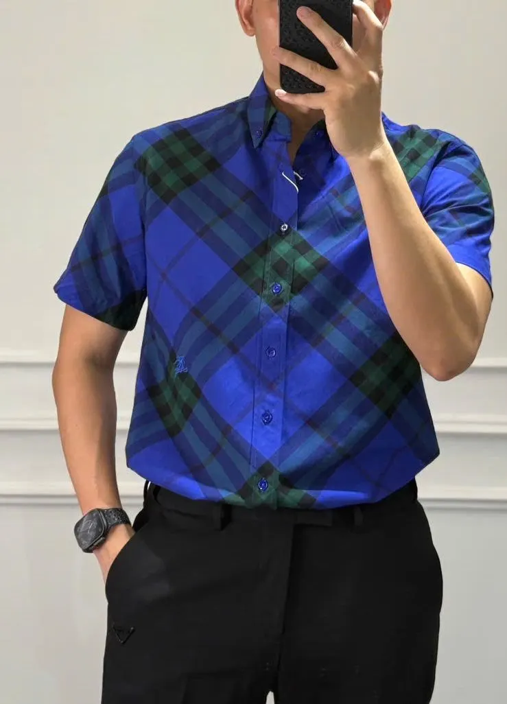 Áo sơ mi ngắn tay Burberry xanh kẻ caro công phu mã 2 nam thượng lưu